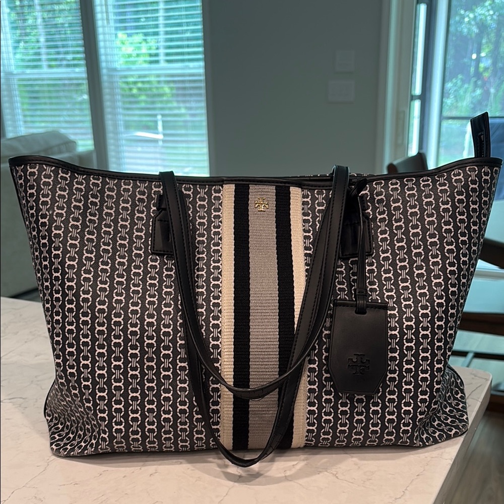 Tory Burch Navy and white Tote Bag with Leather Trim